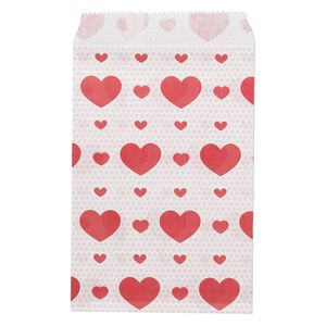 Bag, paper, white / pink / red, 6x4 inches with heart and dot design and scalloped top edge. Sold per pkg of 100.