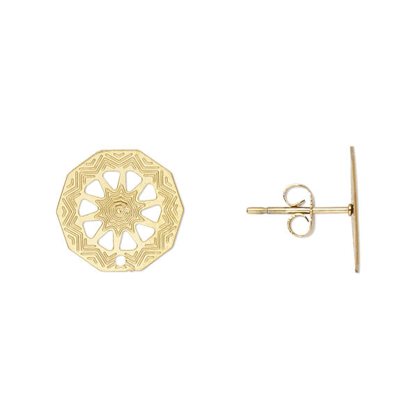 Earstud, Lazer Lace™, gold-finished stainless steel, 13mm cutout wheel and hole. Sold per pkg of 4 pairs. image number 0