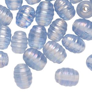 Bead, glass, translucent iridescent light blue, 11x9mm-12x9mm ribbed oval. Sold per pkg, approximately 45 beads.