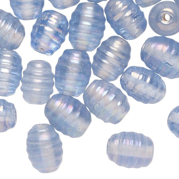 Bead, glass, translucent iridescent light blue, 11x9mm-12x9mm ribbed oval. Sold per pkg, approximately 45 beads. image number 0
