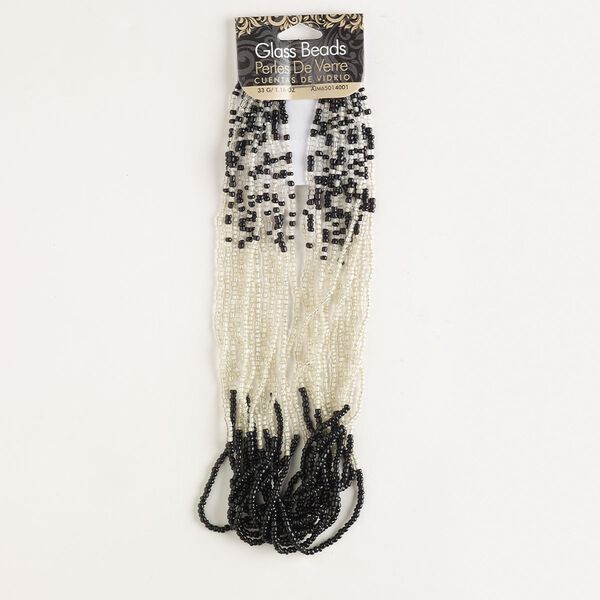 Seed bead, glass, pkg/33g, #11 round, opaque and translucent black and clear. image number 0