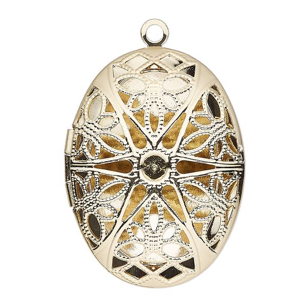 Drop, gold-finished brass, 34.5x26mm single-sided hinged oval bead cage with cutout flower and PP32 chaton setting with 27.5x18mm oval setting. Sold individually. image number 0