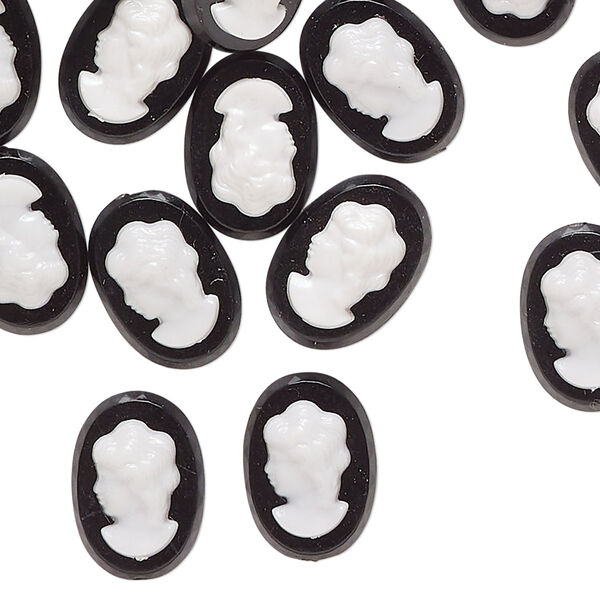 Cameo, acrylic, black and white, 14x10mm non-calibrated oval with lady. Sold per pkg of 50. image number 0