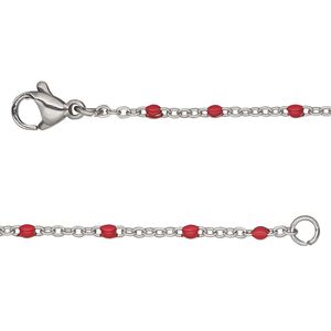 Chain, stainless steel and enamel, red, 1.7mm flat cable with 2mm ball, 18 inches with lobster claw clasp. Sold individually.