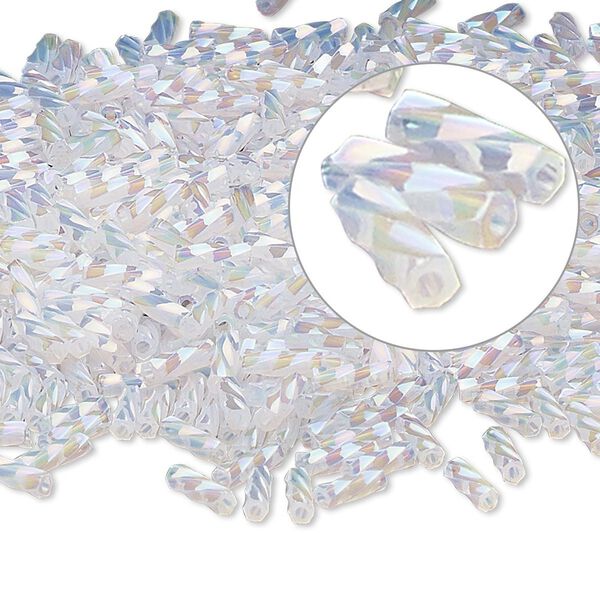 Bugle bead, Dyna-Mites™, glass, opaque ceylon rainbow white, 6mm twisted. Sold per 50-gram pkg. image number 0
