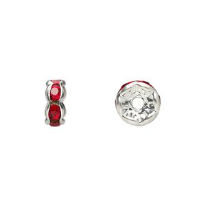 Bead, glass rhinestone and silver-plated brass, red, 8x4mm rondelle. Sold per pkg of 10.