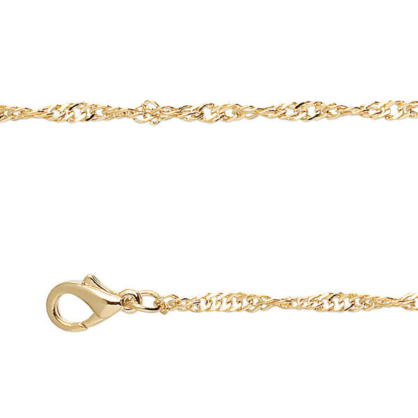 Chain, gold-finished brass, 1mm Singapore, 18 inches with 1-inch extender chain and lobster claw clasp. Sold per pkg of 4. image number 0