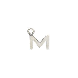 Charm, sterling silver, 11x8mm single-sided modern square alphabet letter M. Sold individually.