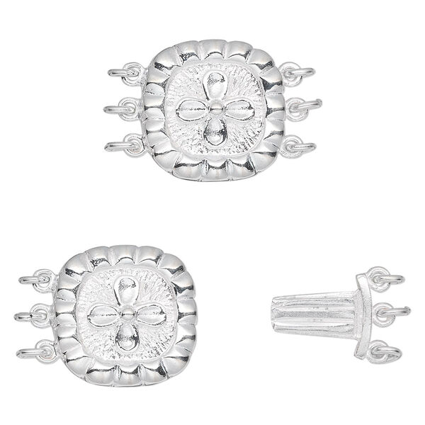 Clasp, 3-strand tab, sterling silver, 20x15mm round puffed ornate. Sold individually. image number 0