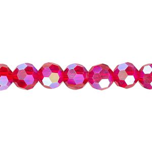 Bead 1pk 32 facets transparent red AB, Celestial Crystal® 8mm round 15.5-16 inch