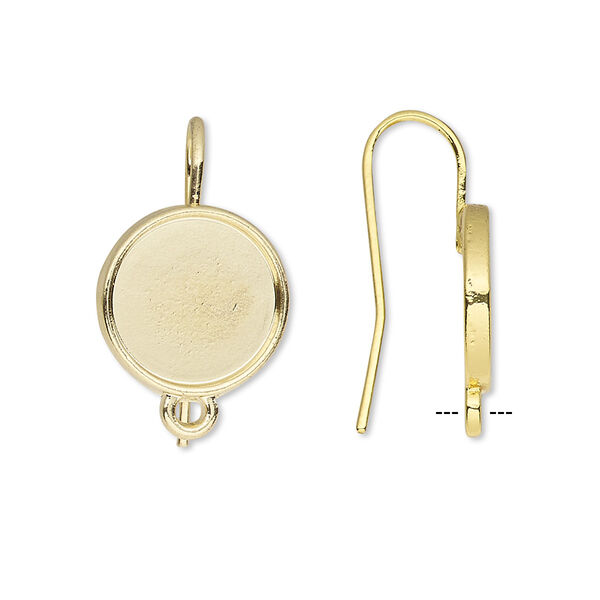 Ear wire, gold-finished brass, 21mm fishhook with 12mm round glue-in setting and closed loop, 18 gauge. Sold per pkg of 5 pairs. image number 0
