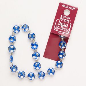 Bead, Czech glass, opaque and translucent blue and silver, 10mm puffed flat round with dots. Sold per pkg of 18.