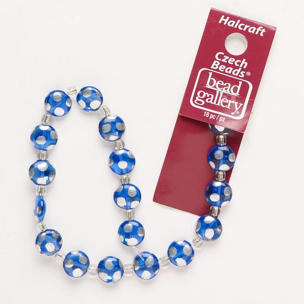 Bead, Czech glass, opaque and translucent blue and silver, 10mm puffed flat round with dots. Sold per pkg of 18. image number 0