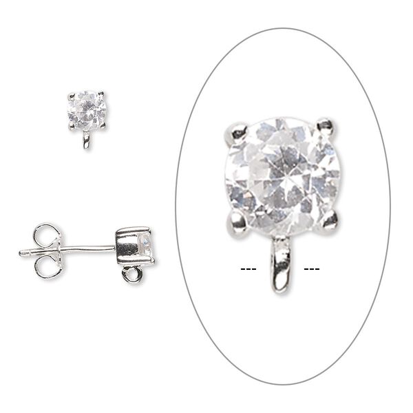 Earstud, sterling silver and cubic zirconia, clear, 7x4mm with 4mm faceted round and open loop. Sold per pair. image number 0