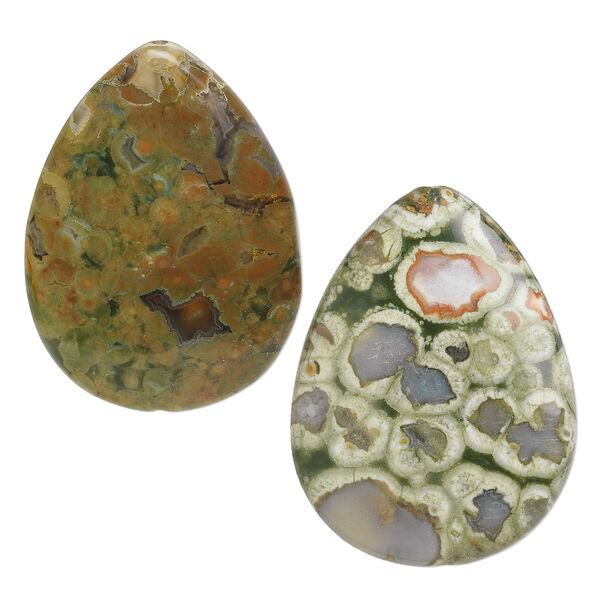 Bead, rhyolite (natural), light and dark, 40x30mm flat teardrop, B grade, Mohs hardness 6-1/2 to 7. Sold per pkg of 2. image number 0