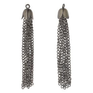 Tassel, gunmetal finish "pewter" (zinc-based alloy) and steel, 2-inch tassel. Sold per pkg of 12.
