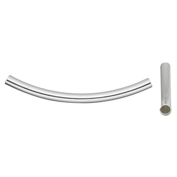 Bead, sterling silver, 69x5mm smooth curved round tube. Sold per pkg of 2. image number 0