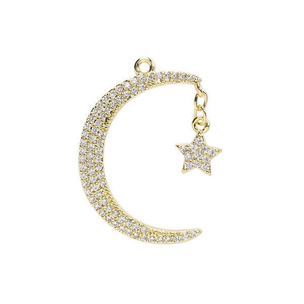 Charm, cubic zirconia and gold-finished brass, clear, 25x21mm single-sided moon with star. Sold individually. image number 0