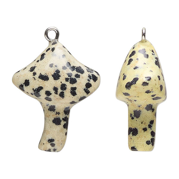 Drop, imitation rhodium-plated brass and Dalmatian jasper (natural), 25x21.5mm hand-carved mushroom. Sold individually. image number 0