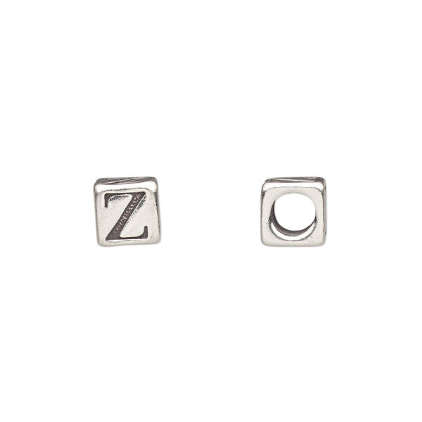 Bead, sterling silver, 5.5mm cube with alphabet letter "Z." Sold individually. image number 0