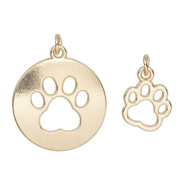 Charm, gold-finished "pewter" (zinc-based alloy) and steel, 22.5mm round with paw cutout design and 13x11.5mm single-sided paw. Sold per pkg of (2) 2-piece sets. image number 0