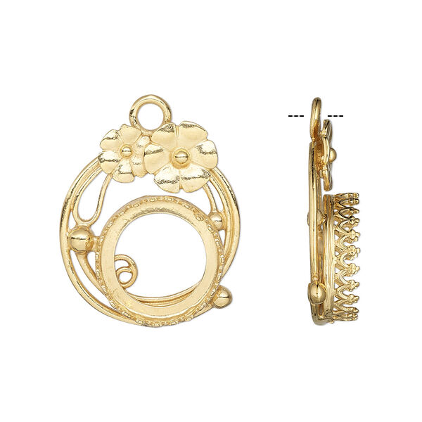 Drop, JBB Findings, gold-plated brass, 22x19mm single-sided with flower design and 12mm rivoli bezel setting. Sold individually. image number 0