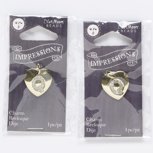 Charm, gold-finished "pewter" (zinc-based alloy) / steel / acrylic rhinestone, clear, 15.5x15mm single-sided puffed heart with letter "Q." Sold per pkg of 2. image number 0