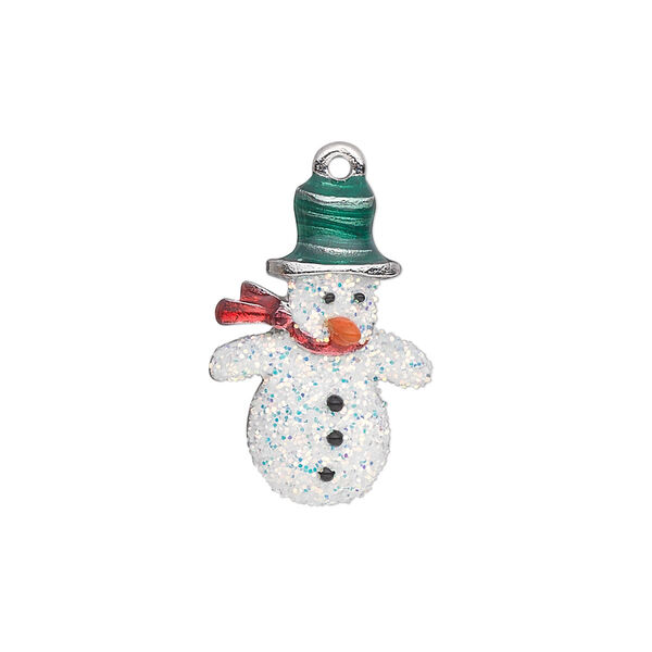 Charm, silver-plated "pewter" (zinc-based alloy) and enamel, white / red / green / orange, 22x15mm single-sided snowman with glitter and hat, scarf and carrot nose. Sold individually. image number 0