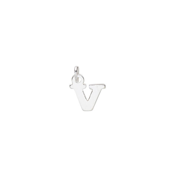 Charm, sterling silver, 8x7mm block alphabet letter "V." Sold individually. image number 0