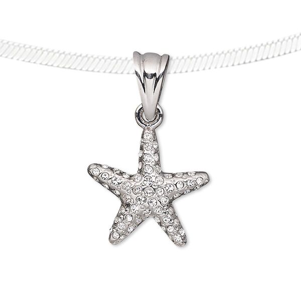 Pendant, Preciosa Czech glass rhinestone and silver-finished pewter (tin-based alloy), clear, 18x18mm starfish. Sold individually. image number 0