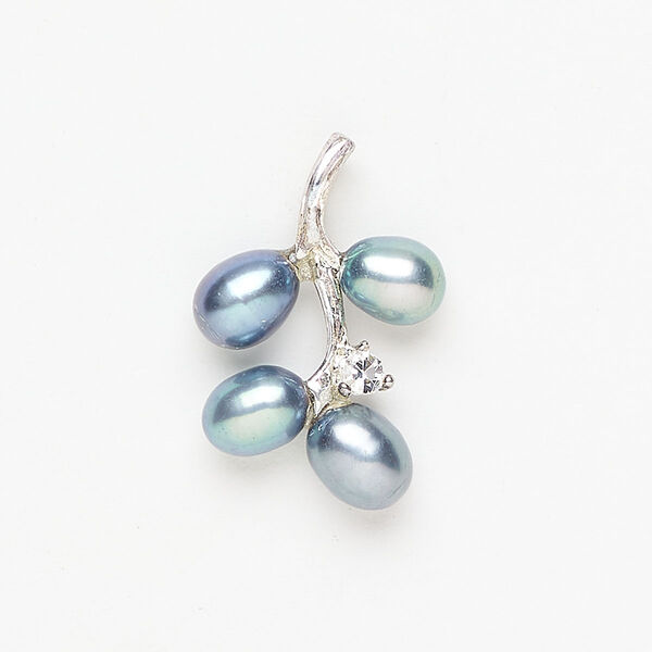 Brass / cultured freshwater pearl / glass rhinestone 1pkg1, branch pendant, silver-finished / blue peacock / clear 23x16.5mm image number 0