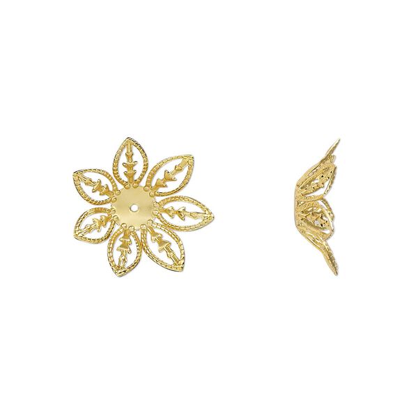 Bead cap, gold-finished steel, 14.5x4mm leaves, fits 8-10mm round bead. Sold per pkg of 20. image number 0