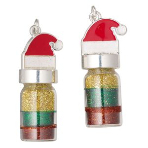 Focal, silver-finished zinc-based alloy, multicolored, 38.5 x 16.5mm bottle with Santa hat. Sold per pkg of 2.