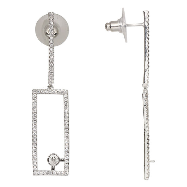 Earstud, cubic zirconia / silver-finished brass / plastic, clear, 57x13mm with open rectangle and 4mm cup with 2mm peg, fits 4-6mm half-drilled bead. Sold per pair. image number 0