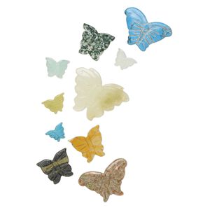 Multi-gemstone 1pkg10, carved butterfly bead mix 13x9mm-40x26mm