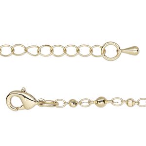 Chain, gold-plated brass, 3.5mm beaded round, 16 inches with 2-inch extender chain and lobster claw clasp. Sold individually.