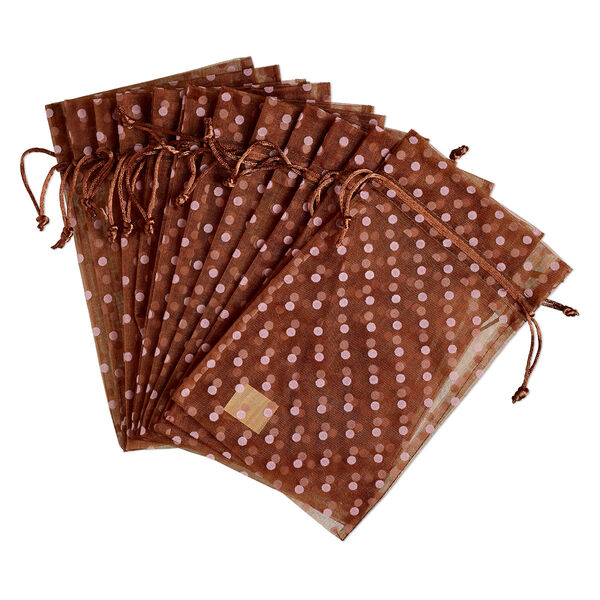 Pouch, organza, brown and pink, 10x6 inches with dots pattern and drawstring closure. Sold per pkg of 12. image number 0