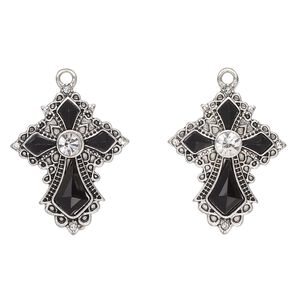 Drop, antique silver-finished "pewter" (zinc-based alloy) and glass, clear and black, 29x23mm fancy cross. Sold per pkg of 2.
