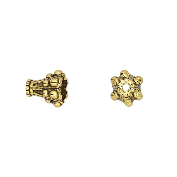 Cone, antique gold-finished "pewter" (zinc-based alloy), 10x9mm beaded, 5.5mm inside diameter. Sold per pkg of 15. image number 0