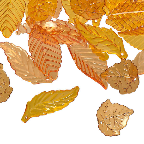 Drop mix, acrylic, transparent yellow / orange / brown, 24x22mm double-sided round leaf / 36x19mm double-sided folded leaf / 40x14mm double-sided curved leaf. Sold per 1/8 pound pkg, approximately 80 drops. image number 0