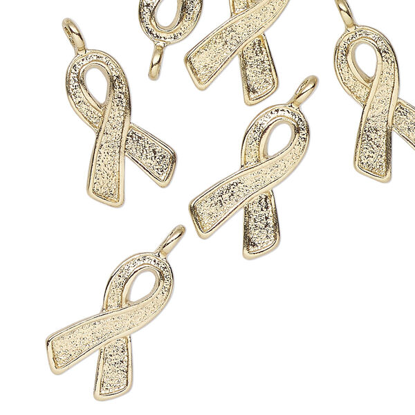 Charm, antique gold-finished "pewter" (zinc-based alloy), 17x11mm awareness ribbon. Sold per pkg of 12. image number 0
