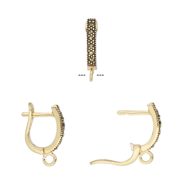 Ear wire, marcasite (natural) and antique gold-finished sterling silver, 16mm hinged leverback with open loop. Sold per pair. image number 0