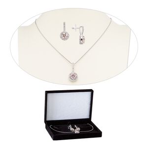 Necklace and earring set, cubic zirconia / stainless steel / rhodium-finished brass, pink and clear, 30mm dangle, 15" to 16" necklace with 2-inch extender chain and lobster claw clasp, 30mm earrings with post. Sold per set.