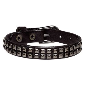 Bracelet, leather (dyed) and gunmetal-plated steel, black, 13mm wide with square studs, adjustable from 5-1/2 to 7 inches with buckle-style closure. Sold individually.