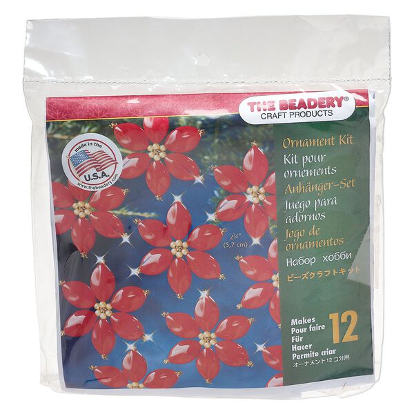 Ornament kit, The Beadery®, plastic, translucent red /opaque white / opaque metallic gold, poinsettia (7009). Sold individually. image number 0