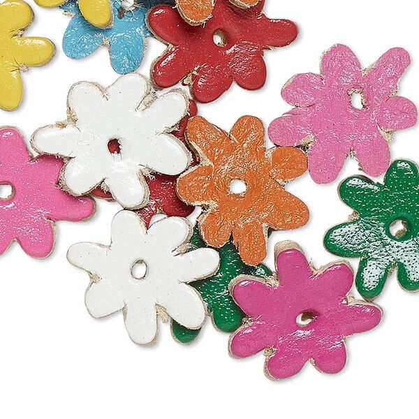 Component, leather (dyed), assorted colors, 13mm flower. Sold per pkg of 16. image number 0