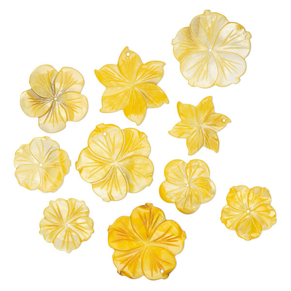 Focal and component mix, mother-of-pearl shell (dyed), orange and yellow, 24-35mm hand-carved flower, Mohs hardness 3-1/2. Sold per pkg of 10. image number 0