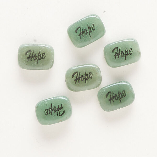 Bead 1pkg10 green aventurine, 14x10mm double-sided enamel flat rectangle with "Hope" B grade, coated black image number 0
