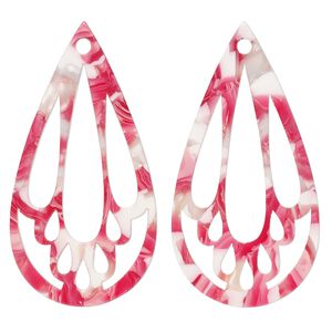Focal, resin, pink / red / white, 49x25mm teardrop with cutouts. Sold per pkg of 4.