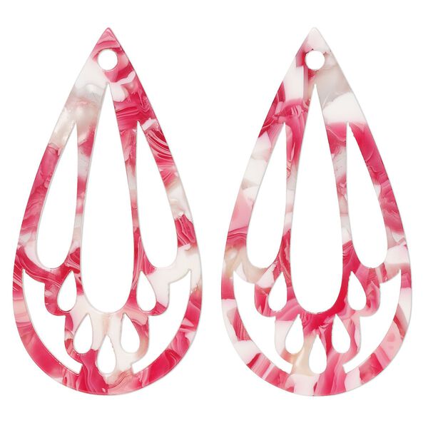 Focal, resin, pink / red / white, 49x25mm teardrop with cutouts. Sold per pkg of 4. image number 0